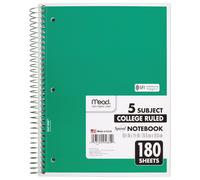 Mead Spiral Notebook 5 Subject College Ruled Paper 180 Sheets 101/2 x 8 Color Selected For You 1 Count (05682)