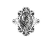 Meadows Anillo de plata de ley 925, anillo de piedra preciosa ovalada, diseño solitario de filigrana, regalo bohemio R-15, 60 (19.1), Piedra preciosa, Rutilo negro
