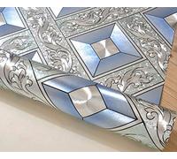 MEAIHOME Rollo de papel tapiz moderno minimalista con cuadrícula de papel de aluminio plateado, grueso, impermeable, para techo de hotel, decorativo, bar, TV, color azul plateado, no pegado, 1.73 pies