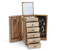 Meangood Caja de joyería de madera para mujer, caja organizadora grande de 6 capas con espejo y 5 cajones para anillos, pendientes, collares, estilo vintage, negro carbonizado