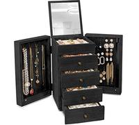 Meangood Joyero de madera para mujer, organizador grande de 5 capas con espejo y 4 cajones para anillos, aretes, collares, color negro