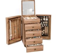 Meangood Joyero de madera para Wowen, caja organizadora grande de 5 capas con espejo y 4 cajones para anillos, aretes, collares, madera quemada de estilo vintage