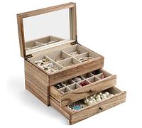 Meangood Joyero organizador para mujer, 3 capas, grande, joyero de madera rústica con espejo y bandeja de anillos para collares, aretes, pulseras, anillos, estilo vintage (negro carbonizado)