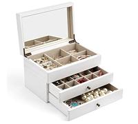 Meangood Joyero organizador para mujer, 3 capas, grande, joyero de madera rústica con espejo y bandeja de anillos para collares, aretes, pulseras, anillos, estilo vintage (blanco)