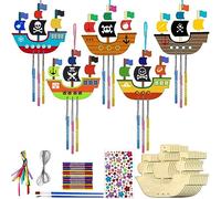 Meanju Juego de Manualidades de Madera Pirata 10 Piezas, DIY Barco Pirata Niño Carillón de Viento Artesanía, Carillones de Viento 3D, Kit Manualidades Niños, Carillón de Viento para Niños