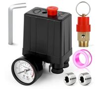 MEANLIN MEASURE Válvula de control del interruptor de presión del compresor de aire 6~8 BAR 110V~240V 4 way Piezas de repuesto con manómetro 0~12 BAR y válvula de alivio de presión de seguridad
