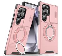 Measurable Premium Armor Kickstand Case for Samsung Galaxy S Series, Case with Slide Camera Cover & Rotatable Ring Kickstand, 360° Ring Grip & Kickstand & Magnetic Stand (Pink,For S24 Ultra)