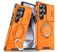 Measurable Premium Armor Kickstand Case for Samsung Galaxy S Series, Case with Slide Camera Cover & Rotatable Ring Kickstand, 360° Ring Grip & Kickstand & Magnetic Stand (Orange,For S20 FE)