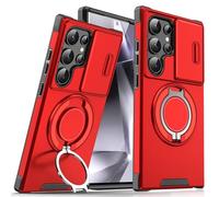 Measurable Premium Armor Kickstand Case for Samsung Galaxy S Series, Case with Slide Camera Cover & Rotatable Ring Kickstand, 360° Ring Grip & Kickstand & Magnetic Stand (Red,For S22)