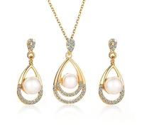 meberg Karma NHDP379418 - Juego de joyas de oro y perlas para mujer, collar de 48 cm, pendientes elegantes, joyas para mujer, cadena de regalo para ella, collar de perlas