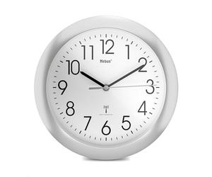 MEBUS Funk-Wanduhr mit silbernem Rahmen und 25 cm Durchmesser/Farbe: Silber/Weiß/Modell 52451