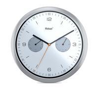 Mebus Moderne Quarz-Wanduhr mit Temperaturanzeige und Luftfeuchtigkeit, 26 cm Durchmesser groß, Wohnzimmer, Küchenuhr, Rund/Modell: 16102 / Farbe: Silber