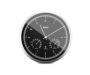 Mebus Reloj de Pared inalámbrico TinyTime con termómetro e higrómetro | sin Ruido de tictac | 25 cm | Esfera Negra | Caja Plateada | 1977
