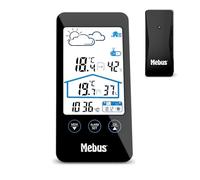 MEBUS Wetterstation mit Außensensor, zeigt Temperatur und Luftfeuchtigkeit innen und außen, mit Wettervorhersage und Mondphasen, Displaybeleuchtung, Wecker/Farbe: Schwarz/Modell: 11908, Höhe: 16 cm