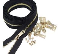 MebuZip #3 - Cremallera de tapicería por The Yard - Cinta de cremallera larga negra en Y cremalleras de metal de 5 yardas con 10 tiradores de cremallera dorados claros para coser manualidades de