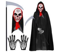 Mecctuck Disfraz de Halloween, máscara de cara de Halloween, capa con capucha, capa con capucha, capa de vampiro, capa con fantasma, máscara de terror, guantes de esqueleto, guadaña de la muerte para