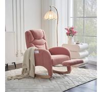 Mecedora de alta calidad con reposapiés • Sillón acolchado acento salón • Funda de tela de peluche • Alta capacidad de carga • Taburete plegable • Diseño ergonómico • Marco de madera estable (rosa)
