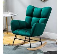 Mecedora moderna de tela verde con patas de madera maciza, respaldo alto y diseño cómodo para sala de estar y dormitorio
