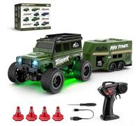 MechEdu 1:64 RC Crawler Camión con remolque, 2,4 G totalmente proporcional RC Crawler, luces LED, dos modos de velocidad, Mini Offroad RC Vehículo (Verde)