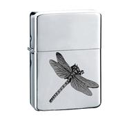 Mechero C3 con diseño de libélula con acabado negro fino en peltre inglés sobre un cromo plateado a prueba de viento, recargable