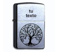 Mechero de Gasolina Zippo Chrome Brushed Personalizado, árbol de la Vida con tu Texto o Nombre Grabado con Láser