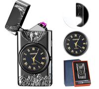 Mechero electrónico de plasma con luz LED y reloj, resistente al viento, con indicador de batería, ideal para chimenea, velas y cocina