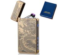Mechero electrónico USB, mechero eléctrico con arco LED, mechero de arco dual con indicador de batería, mechero de plasma resistente al viento, eléctrico con caja de regalo (Dragón Dorado)