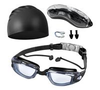 MechKit WT1300 - Gafas de natación, tapones para los oídos de una sola pieza, antivaho, impermeables, policarbonato, para hombres y mujeres (negro, transparente, chapado en gris)