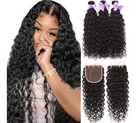 Mechones de cabello humano brasileño virgen sin procesar con cierre, parte libre, cabello humano húmedo y ondulado, con cierre, se puede teñir (20, 22, 24+18)