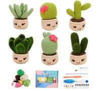 Mecmbj Crochet Kit Principiantes, 6 Piezas de Cactus en Maceta Kit de Ganchillo para Principiantes, con Instrucciones y Tutoriales en Video en Inglés, para Niños y Adultos(Cactus en Maceta)