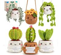 Mecmbj Lindo kit de crochet de cactus, kit de crochet para macetas hechas a mano para colgar de 6 piezas,kit para principiantes de crochet para adultos con instrucciones paso a paso en vídeo en inglés