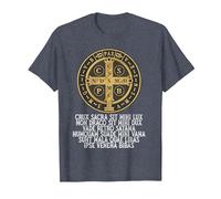 Medalla de San Benito Católica Latina Tradicional Camiseta, Hombre, Azul Jaspeado, XL