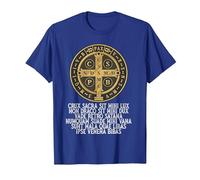 Medalla de San Benito Católica Latina Tradicional Camiseta, Hombre, Azul Real, L