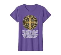 Medalla de San Benito Católica Latina Tradicional Camiseta, Mujer, Morado Jaspeado, L