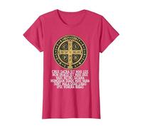 Medalla de San Benito Católica Latina Tradicional Camiseta, Mujer, Rojo Jaspeado, L