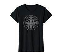 Medalla Religiosa católica de San Benito | Cristiano Camiseta gráfica económica, Mujer, Negro, L