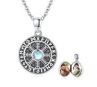 Medallón de foto vikinga, cadena de plata de ley 925, medallón de piedra lunar, amuleto con foto, piedra lunar, amuleto, joyas personalizadas para mujeres, niñas, mujeres, mujeres, hijas, madres,