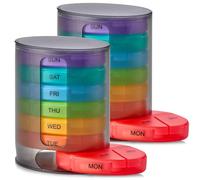 MEDca Pastillero semanal 1 dispensador, 7 compartimentos multicolores apilables cuatro veces al día - Mañana, mediodía, tarde y hora de acostarse, negro, juego de 2