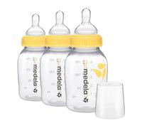 Medela - Botellas de alimentación y almacenamiento (140 ml, 3 unidades, con tetina, tapas, collares de base ancha y tapones de viaje, fabricados sin BPA