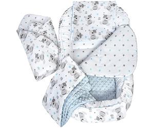 Medi Partners Nido Bebe Recien Nacido Reductor de Cuna - 100x60x15 Juego de 5 Piezas bebés anticolicos Bilateral Portátil o de Viaje 100% Algodón (Oso de Peluche con un Minky Celeste)