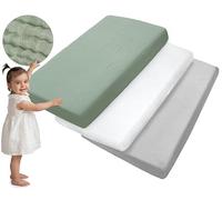 Medi Partners Sabana Bajera Cuna 60x120 Set de 3-100% Algodon Sabanas de Algodón Muselina Bebe Ropa de Cama para Bebés Dormir Cuna Fitted Bed Sheet Protector (Oliva-Blanco-Gris)