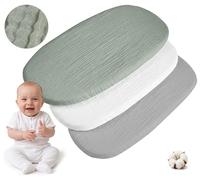 Medi Partners Sabanas Cuna Bebe 86x40 Sabana Bajera Capazo Set de 3 Funda Colchon Combiador para Carro - 100% Algodón Muselina Universal Minicuna Moises Sábanas Carrito (Oliva-Blanco-Gris)
