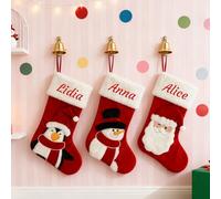 Media de Navidad Personalizado con Nombre Bordado, 6 Medias Calcetín Navideño Terciopelo Rojo con Diseños de Papá Noel & Muñeco de Nieve & Pingüino, Decoración Navideña Grande 44 cm para Familias