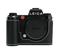 Media funda de piel auténtica hecha a mano para Leica SL3/Leica SL3s, cuerpo de piel vacuno de capa superior + placa base de metal, diseño de vástago de mano (línea blanca y negra)