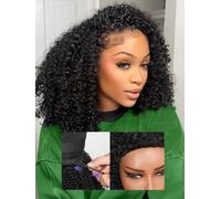 Media peluca de cabello humano rizado tipo afro, 3 en 1, sin pegamento | 100 % cabello humano, peluca con diadema, pelucas sin pegamento para mujeres negras, cordón sin costuras