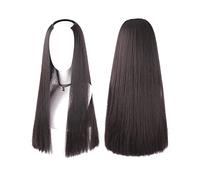 Media peluca en forma de U de 66 cm de largo, recto, extremos limpios, extensión de pelo sintético para parte media alrededor de la cabeza, postizo invisible, negro y marrón
