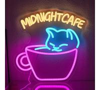 Medianoche Cafe Neon Signo para Decoración de Pared Lindo Gato Neón Luz Dinmmable Café Letrero de Neón Rosa Taza de Café LED Luz de Neón Señal para Coffee Shop Panadería Postre Tienda Bar Restaurante