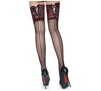 Medias altas hasta el muslo con tacón cubano para mujer, con costura trasera, sexy, parte superior de encaje, color rojo y negro, Negro -, Talla única