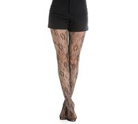 Medias de encaje floral con pedrería, medias de malla para mujer, diseño elegante a rayas verticales, negro, Negro flores brillantes, Large-X-Large
