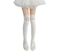 Medias de encaje hasta la rodilla, Calcetines hasta la rodilla con lazo y cinta for mujer, multicolor(Milkywhite)
